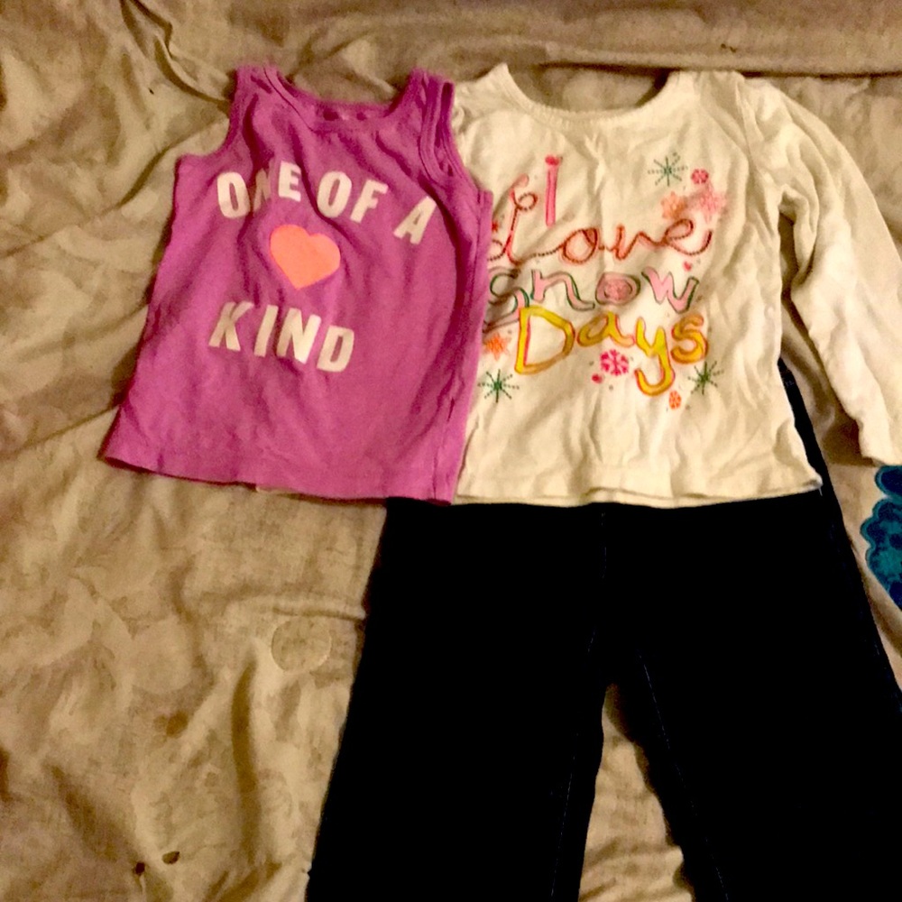 2- 4T shirt 1 long sleeved 1 shirt sleeved and a pair of jeans